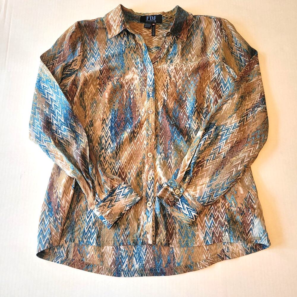 FDJ French Dressing Jeans Blue Tan Chevron Button Shirt SZ 10 Boho Western